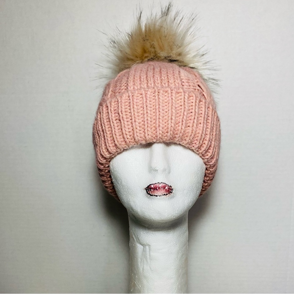 Pink Knit Beanie with Faux Fur Pom OSFA